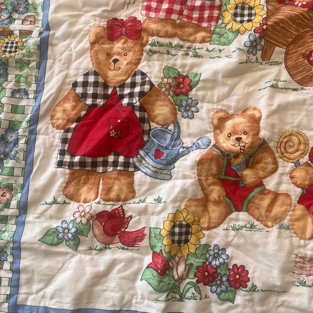 Vintage Teddy Bear Garden Quilted Baby Blanket Floral Picket Fence Nursery Blue